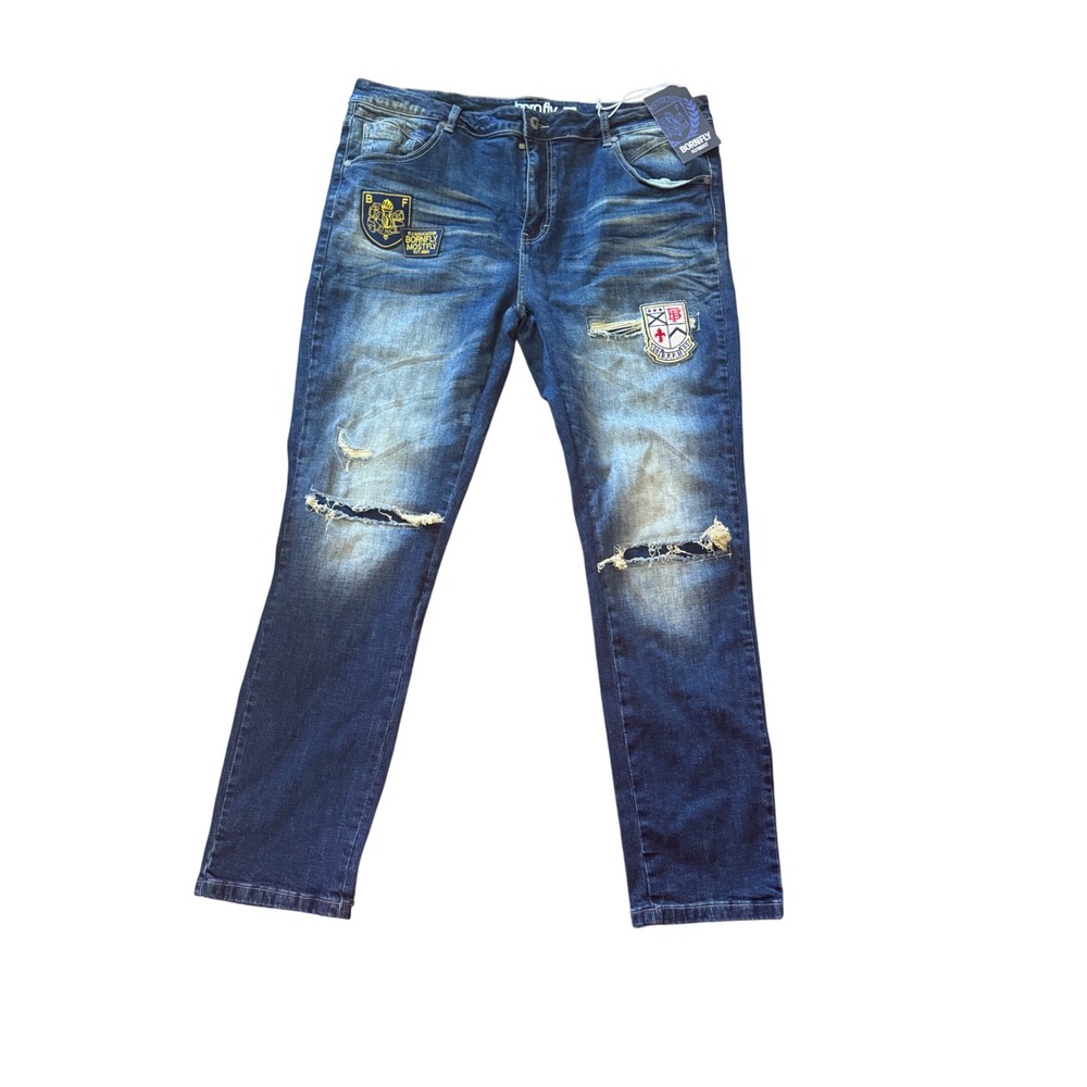 Born‎ Fly Distressed Denim Jeans Patches Rips Blue Men Size 40